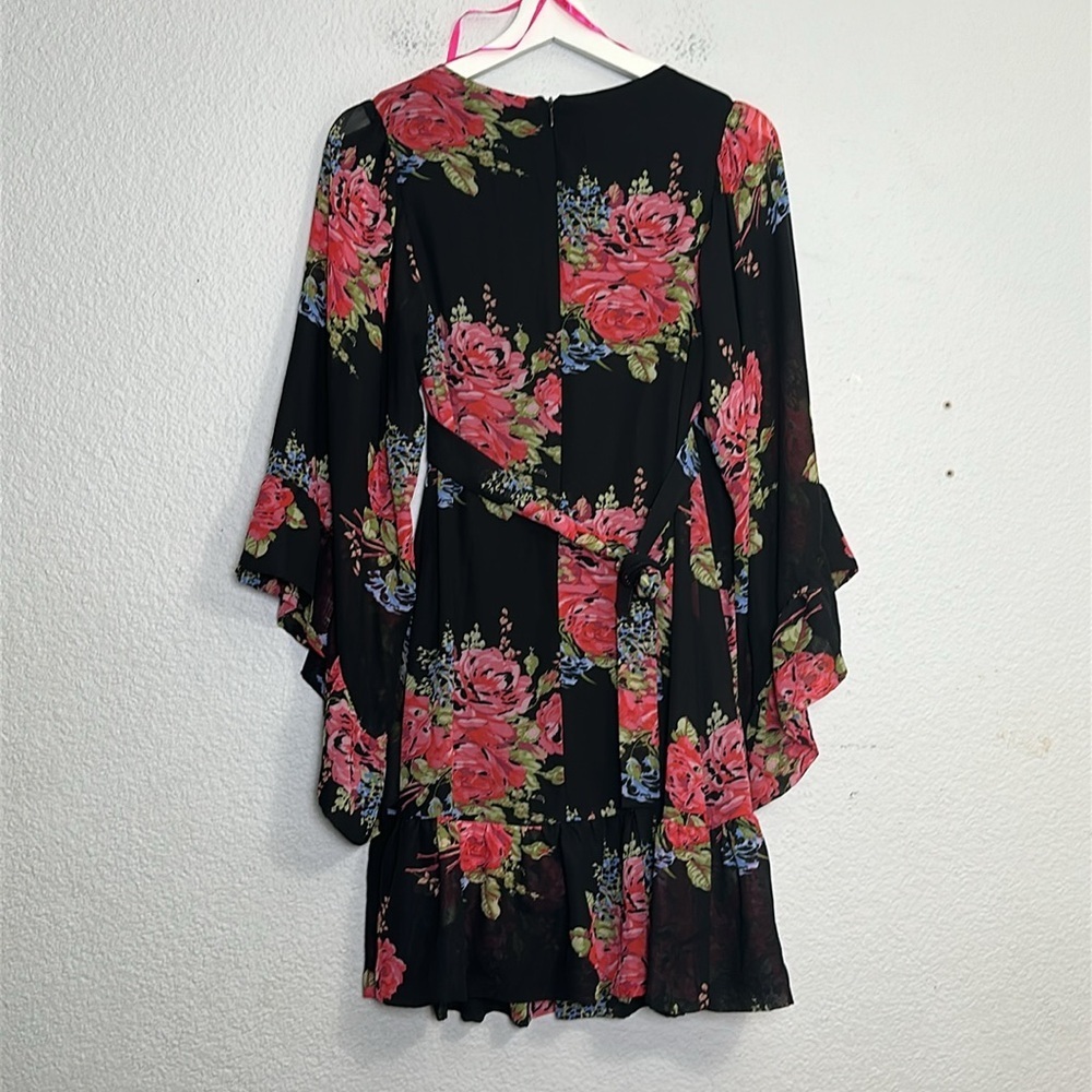 Betsey Johnson Bambi Black Floral Bell Sleeve Ruffle Mini Dress‎ Size 2 Festival - Picture 4 of 12